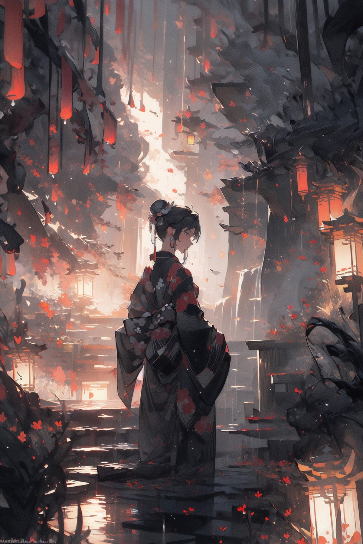 (masterpiece:1.2), best quality,realistic,Tyndall effect,
1girl, lantern, rain, solo, japanese clothes, kimono, standing, ...